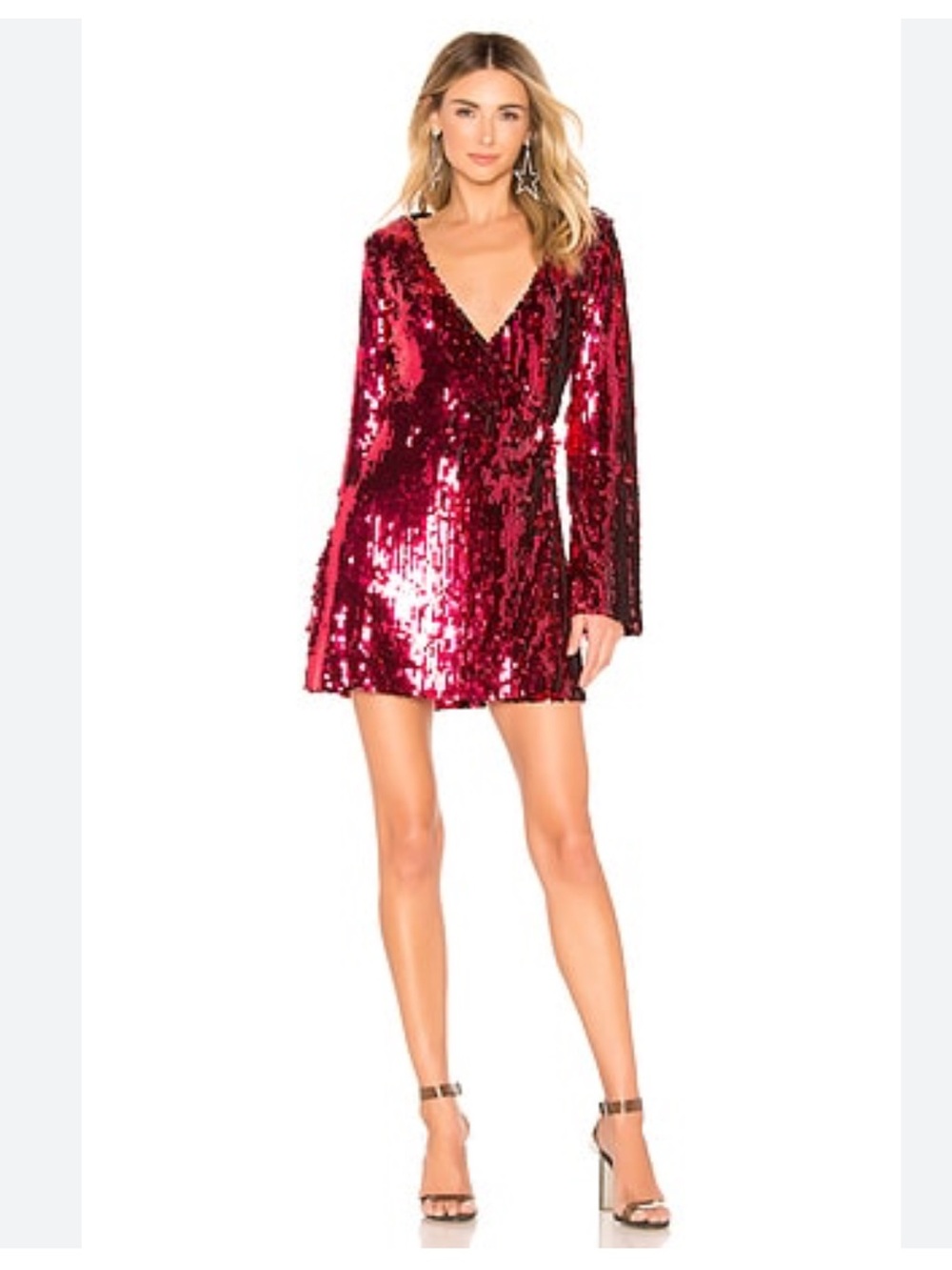 NBD NWT Revolve Red Sequin Long Sleeve Plunge Mini Dress Med Bachelorette Party